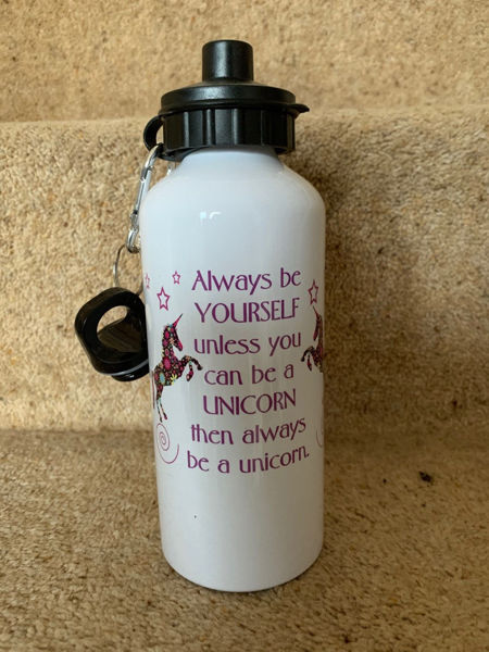 Picture of Metal Sports Water Bottle with 2 lids and a carabiner clip saying "Always be yourself unless you can be a Unicorn, then always be a Unicorn"